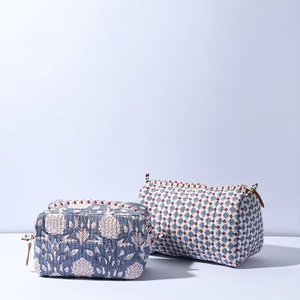 Hot Sale Hand <b>Block</b> Printed Toiletry pouch Blue Ladies Cotton toiletry Bag Set YKK Brass Zippers Classic Durable - Product Image 1