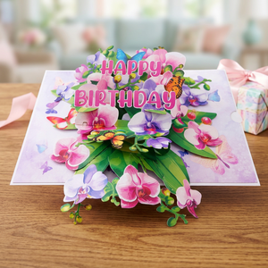 Carte de vœux 3D pop-up orchidée Viet-craft Joyeux Anniversaire avec papillons et fleurs, écologique et personnalisable pour les fêtes - Product Image 2