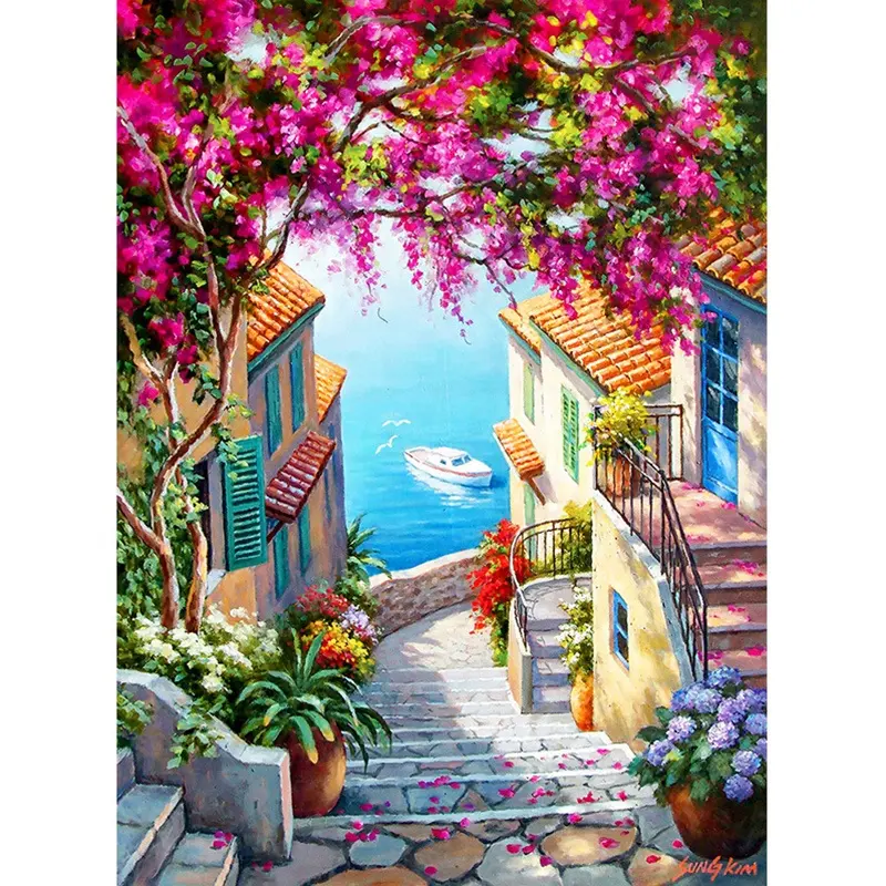 Sell Full Drill Diamond Embroidery Western Coastal Path And Town Landscape Diy 5d Diamond Painting Living Room Wall Art Decor