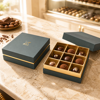 Boîte cadeau chocolat personnalisée avec couvercle et base, bordure dorée apparente, 9 compartiments, en carton gris, avec gaufrage UV sur le col et les épaules