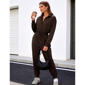 Mono de mujer de manga larga, de una pieza, cintura alta, estilo jogger, cuello simulado, informal, para estar en casa, con bolsillos, transpirable, para uso diario - Product Image 5