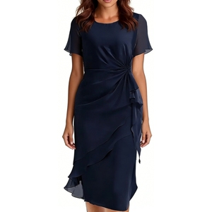 Vestido Midi de Gasa con Volantes para Mujer, Manga Corta, Vestido Formal para Invitadas de Boda y Eventos Nocturnos, Vestidos de Moda - Product Image 4