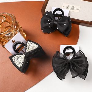 9 सेमी काले और बेज कपड़े के बाल धनुष कार्ड फीता तितली बालों की क्लिप सुरुचिपूर्ण बाल उपकरण - Product Image 3