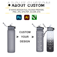 Bouteille d'eau sport en plastique grande capacité 1000 ml pour activités de plein air, avec paille graduée, couleur dégradée et logo, pour l'export.
