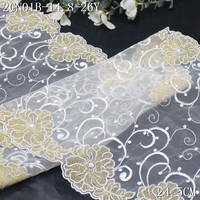 Dentelle brodée florale de luxe en fil d'or, bordure beige de 24 cm, en maille extensible, pour la couture de soutiens-gorge et de poignets