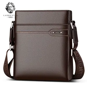 Wholesale bags for men original-LAORENTOU Men's Genuine Leather Crossbody Business Messenger Bag Side Shoulder Bag for Man Real Cow Leather Casual Purse Bag
