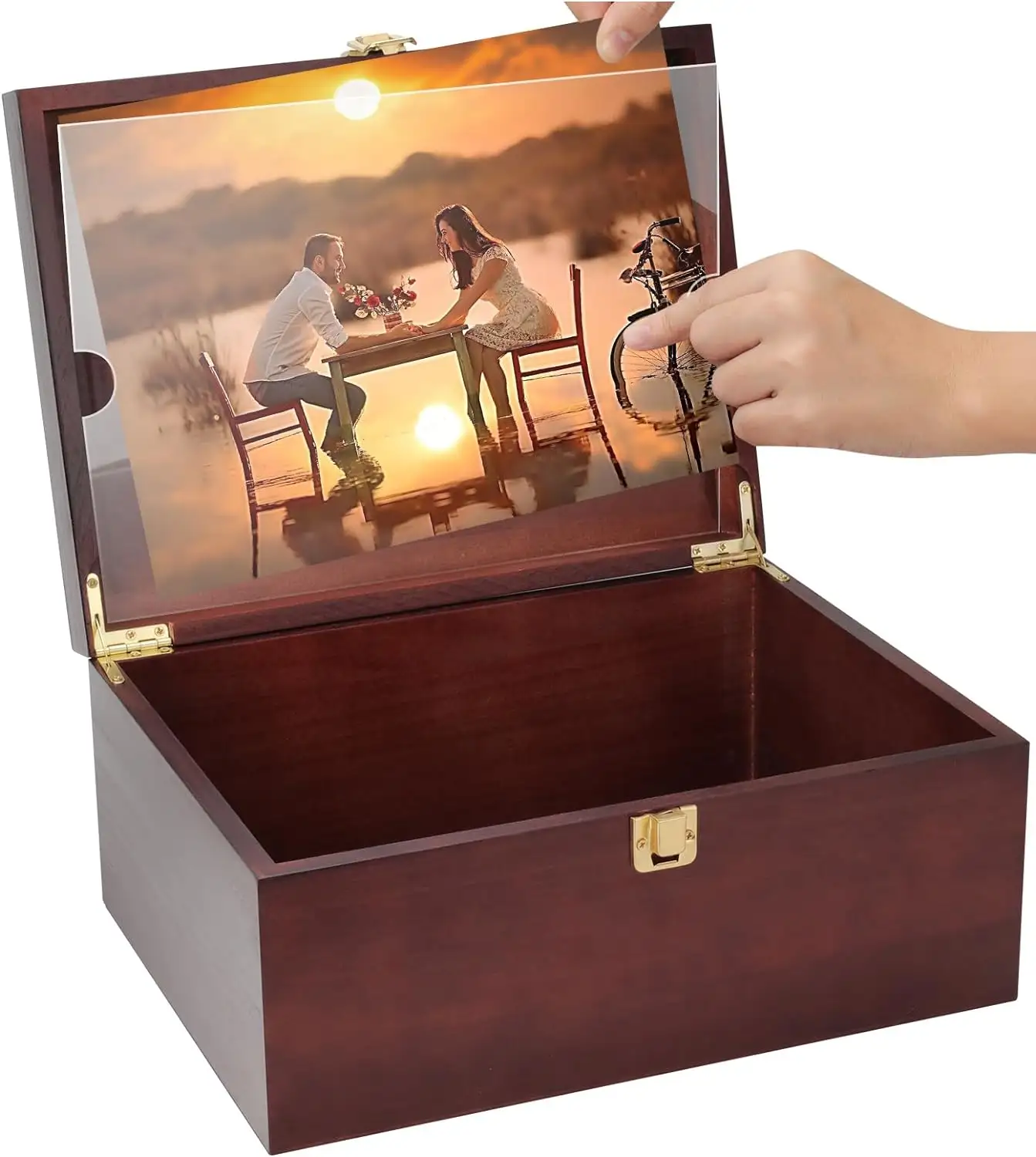 힌지 뚜껑과 뚜껑 안의 사진 프레임이있는 맞춤형 대형 나무 메모리 기념품 상자-나무 선물 상자