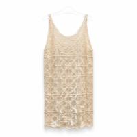 Robe en crochet pour femme, sans manches, style bohème, dentelle blanche, ourlet festonné, tunique de plage d'été