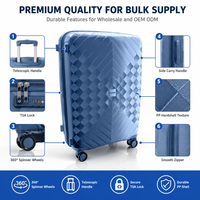 Ensemble de valises rigides en PP bleu ciel, bagage cabine à roulettes, coque géométrique, marque privée, assortiment de couleurs, rangement imbriqué