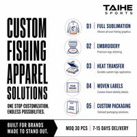 Maillot de pêche personnalisé à manches courtes raglan bleu marine avec manches crème, imprimé motif poisson, empiècements latéraux en maille, séchage rapide, vente en gros