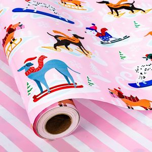 Dog Christmas <b>Wrapping</b> <b>Paper</b> Pink Reversible Roll 46.8 Square Feet Gift Craft Recyclable - Product Image 1