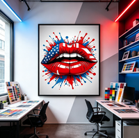 Tableau mural carré sur toile, nature morte abstraite, drapeau américain, lèvres, peinture pop art, éclaboussures d'encre rouge et bleue, impression de bouche patriotique, numérique