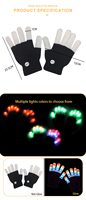 Gants LED noirs et blancs avec six modes d'éclairage, piles CR2016 remplaçables, pour événements festifs, fêtes, vente en gros