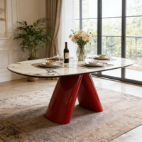 Table à manger ovale en marbre de luxe moderne avec base conique rouge, table à manger en pierre naturelle pour la maison et les restaurants