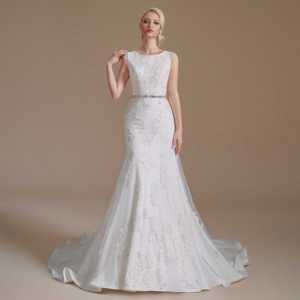 Elegant Boat Neckline Evening Dress Short Sleeve Lace Evening Gown With <strong>Sash</strong> RL082 - Product Image 5