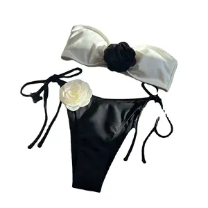 Voorraad Groothandel 3d Bloem Bandeau Bikini Set 2024 Zomer Sexy Tube Badpak Vrouwen Gestreept Zwart Badpak Plus Size Badpak