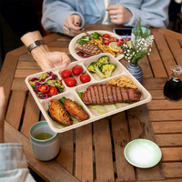 Plateau jetable à 5 compartiments, 100% compostable, en fibres végétales, plateau alimentaire biodégradable en bagasse de canne à sucre