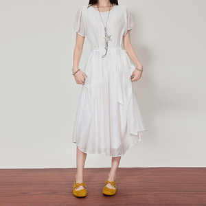 OEM/ODM blanco princesa Maxi vestido dulce Natural Vintage Casual encaje francés estampado cremallera cintura Cinching 100% algodón gasa - Product Image 4