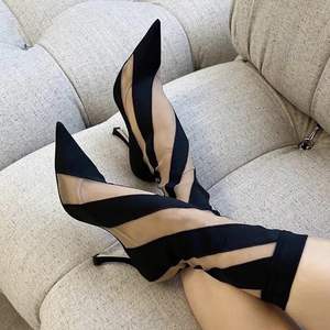 Moda británica Bota Transparente a rayas Material elástico calcetines malla lápiz tacón Mujer <span class=keywords><strong>botas</strong></span> de lujo - Product Image 6