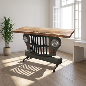Table console de salon industrielle vintage recyclée avec plateau en bois inspiré des meubles automobiles look jeep - Product Image 2
