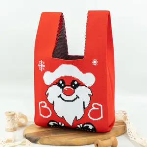 Custom Printed Logo Christmas Santa Claus Pattern Gift Advertising Cotton Knitted Beach Bag Women Handbags For Ladies Student