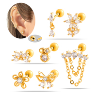 Boucles d'oreilles pendantes longues à pampilles Maina, style fleur et papillon, en acier inoxydable avec zircon, pour piercing cartilage et hélix