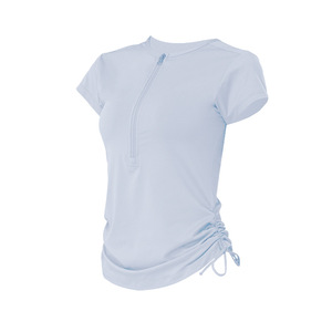 Haut de yoga pour femme à demi-zip avec cordon de serrage à la taille, manches courtes, coupe ajustée, respirant, séchage rapide, vêtement de sport en gros - Product Image 6