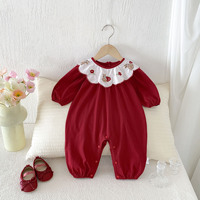 Combinaison à manches longues pour bébé fille avec col de poupée rouge, combinaison pour nouveau-né d'automne