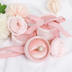 Factory Wholesale Custom Circular Pattern Cylindrical Velvet Jewelry <b>Box</b> for Rings Studs Pendants Jewelry Packaging with Ribbon - Product Image 4