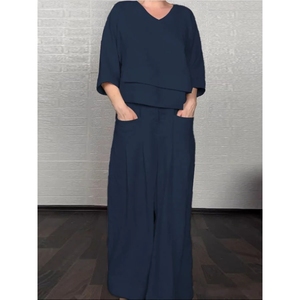 Ensemble 2 pièces pour femmes, décontracté, couleur unie, grande taille, manches trois quarts irrégulières, col en V, haut et pantalon en coton, tendance - Product Image 2