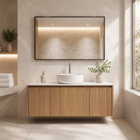 Kabinet Vanity Kamar Mandi Modern yang Dipasang di Dinding, Bagian Depan Berpola Serat Kayu, Dua Laci, Kompatibel dengan Wastafel Vessel, Proyek OEM Kustom