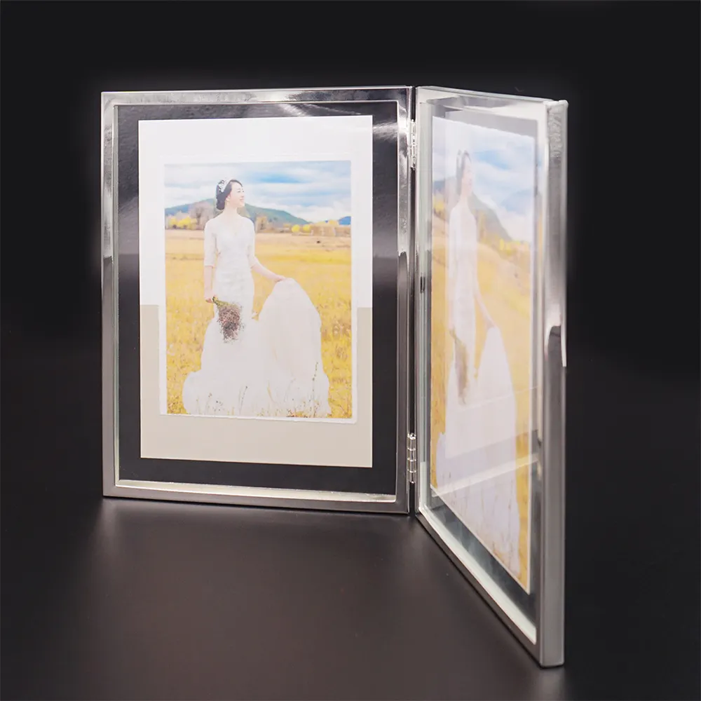 4X6 Foldable डबल तरफा कांच तस्वीर तह धातु फोटो फ्रेम