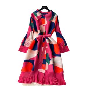 Moda stampa geometrica Miyake <span class=keywords><strong>drappeggiato</strong></span> plissettato <span class=keywords><strong>abito</strong></span> da donna coreano manica svasata elasticizzata cintura lacci Vestido abiti Casual - Product Image 6