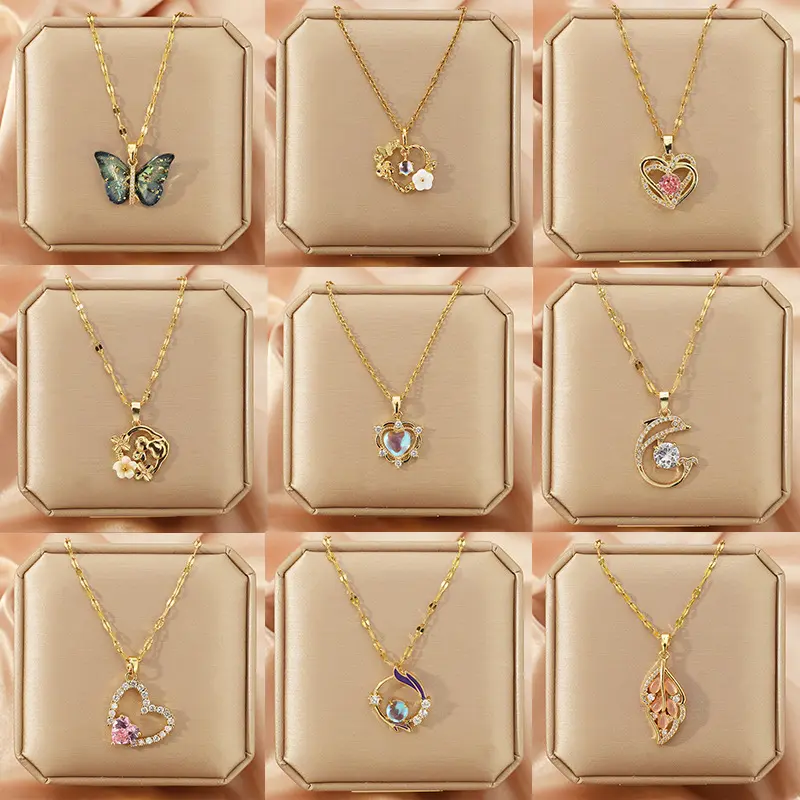 Fashion Jewelry Designer Heart Choker Necklaces Stainless Steel Rhinestone Zircon Pendant Necklace for Women Wholesale