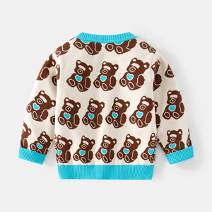 Pull en coton décontracté à col en V pour garçons, à simple boutonnage, chaud pour l'automne, motif ours de dessin animé pour enfants - Product Image 3