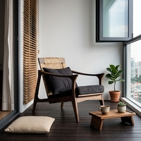 Fauteuil d'appoint Bowen Mid-Century Wabi-Sabi en noyer massif foncé, avec accoudoirs en rotin naturel faits à la main, coussin en velours, écologique, pour chambre à coucher
