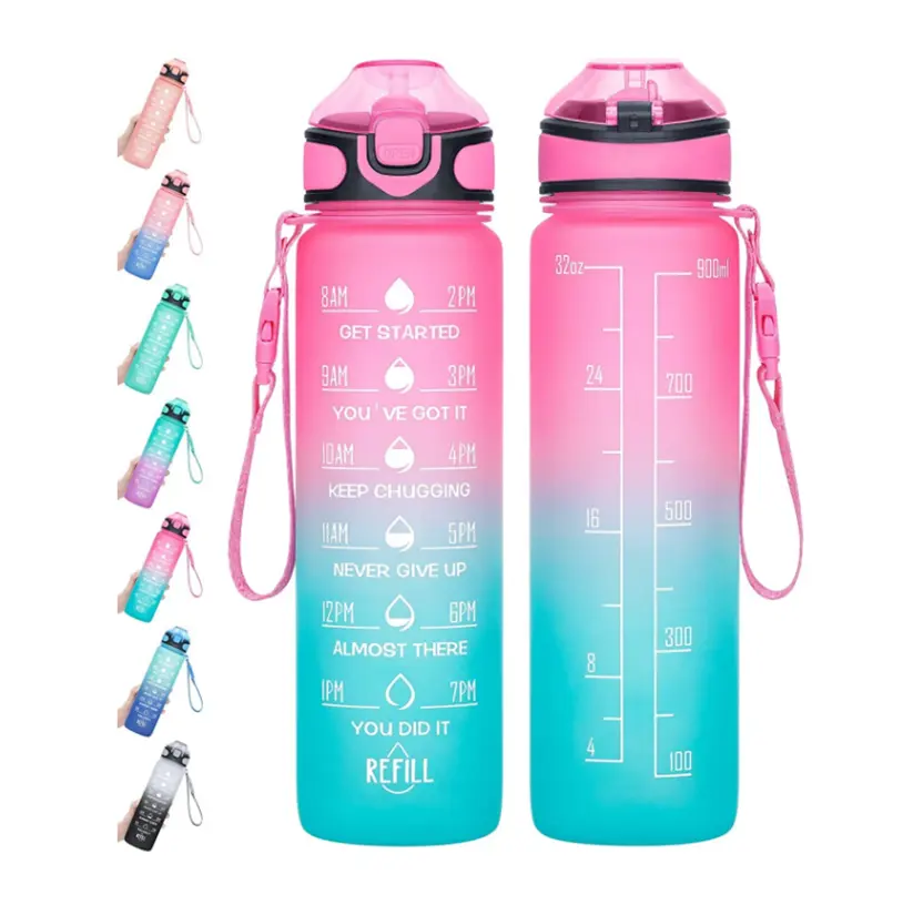 2023 New Fashion Outdoor Sports Gradient 32oz Motivational Time Marker Bottle With Straw