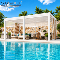 Pergola de patio extérieure résistante à la rouille avec toit à lames orientables en aluminium rétractables et système d'enclos avec porte en verre