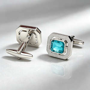Men's Gold Cuff Links With Blue Crystal Bezel Setting Formal Wear Square Design - Product Image 5
