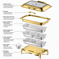 KUNTAI Luxuriöser goldener rechteckiger gehämmerter Edelstahl-Chafing-Dish mit 9L Hydraulik-System für Buffets – Alkoholbetrieben