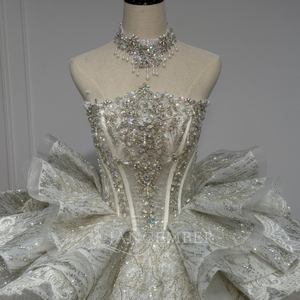 XS297 Stunning Boat Neck Ruffle Glitter Embroidery Lace Wedding Dresses With Corset - Product Image 4