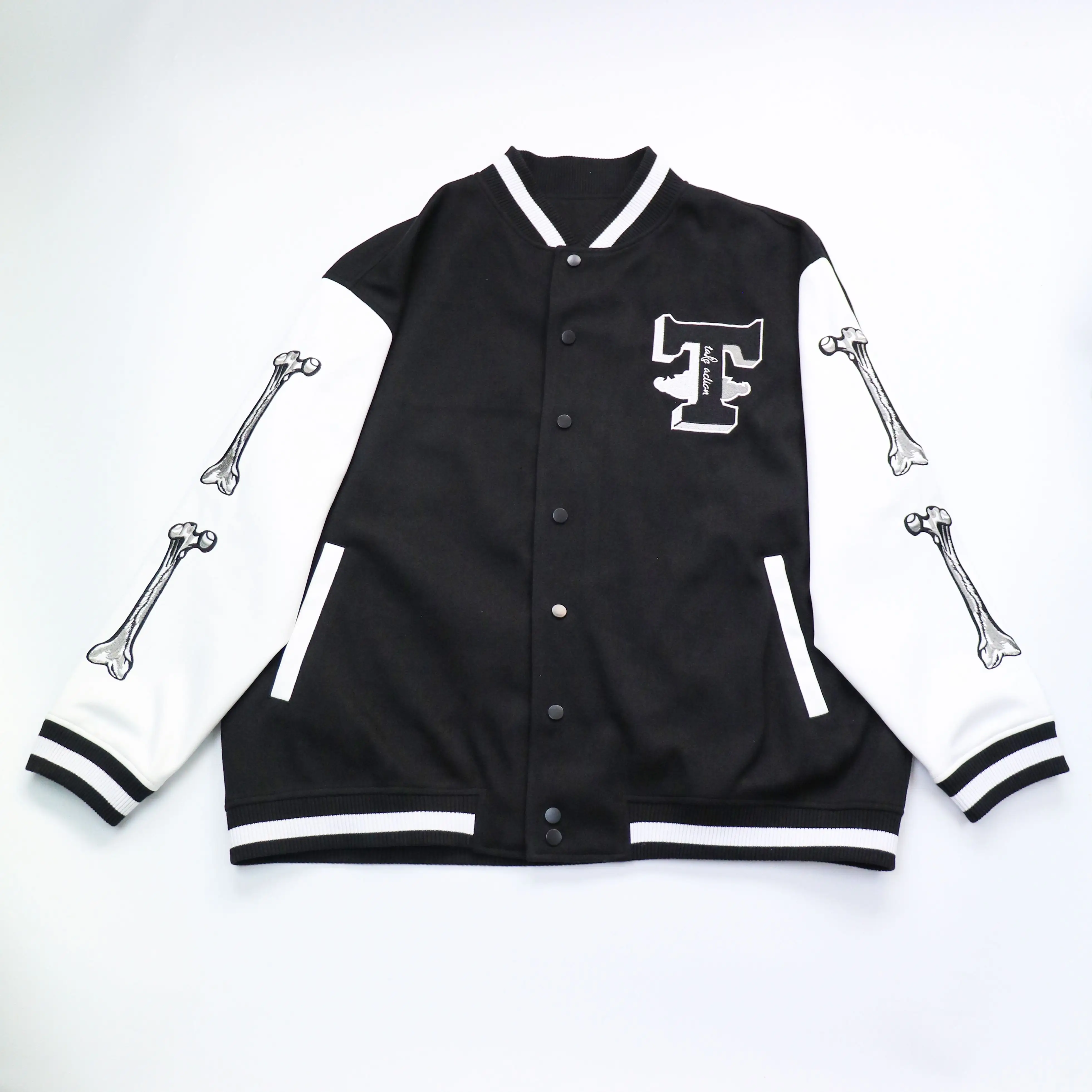 Custom new style men autumnunisex button down college fashion black white stitching baseball jacket