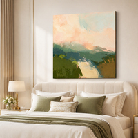 Peinture à l'huile abstraite peinte au couteau, paysage marin, bord corail, vert sauge, toile texturée, art minimaliste, décoration murale