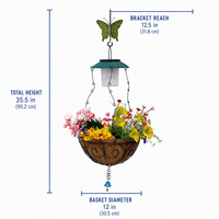 Panier suspendu solaire pour plantes avec doublure en fibre de coco, cadre en fer forgé thermolaqué, accent papillon, décoration quotidienne pour jardin et porche