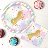 Nicro or arc-en-ciel licorne thème jetable papier vaisselle élégant bébé fille fête d'anniversaire fournitures Table décoration faveur