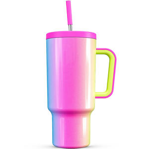 Vaso Térmico de Acero Inoxidable de 40oz Estilo Americano con Asa, Tapa y Popote, para Viajes, Camping, Coche, Botella de Agua con Efecto Degradado - Product Image 4