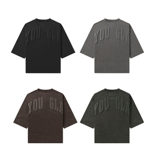เสื้อยืดคิงเซ็นผู้ชาย ผ้าฝ้าย 100% ทรงหลวม ไหล่ตก สไตล์ลำลอง โอเวอร์ไซส์ วินเทจ ล้างสี โลโก้ปักนูน 3 มิติ แขนสั้น - Product Image 5