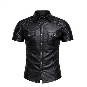 Chemise à manches courtes pour homme, aspect cuir noir, col rabattu, couleur unie, style motard, vêtement décontracté - Product Image 1