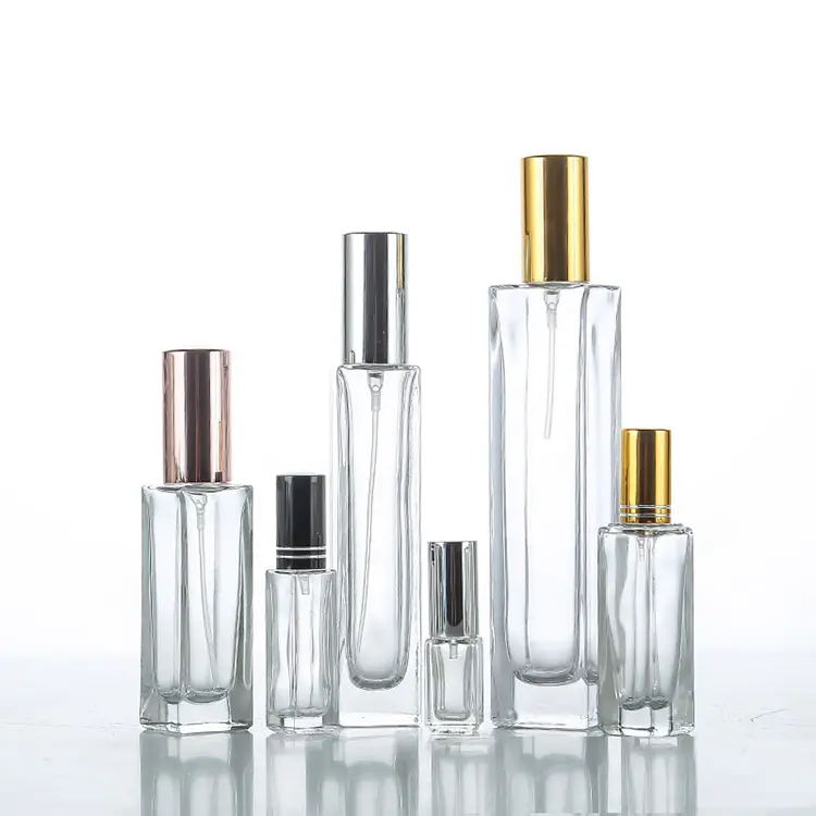 Garrafa de perfume personalizada de fábrica, mais barata 5 10 15 30 50 100 ml, bomba de impressão gratuita, quadrada, vidro transparente, garrafas com parafuso, tampa torção