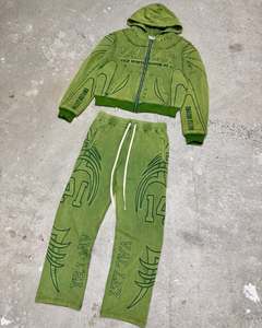 Tùy Chỉnh Quần Bó <span class=keywords><strong>S</strong></span>át Và Áo Thiết Lập Y2K Cổ Điển Thêu Tracksuit Thiết Lập Tùy Chỉnh Enzyme Rửa Quá Khổ Cắt Zip up Hoodie Bộ - Product Image 3